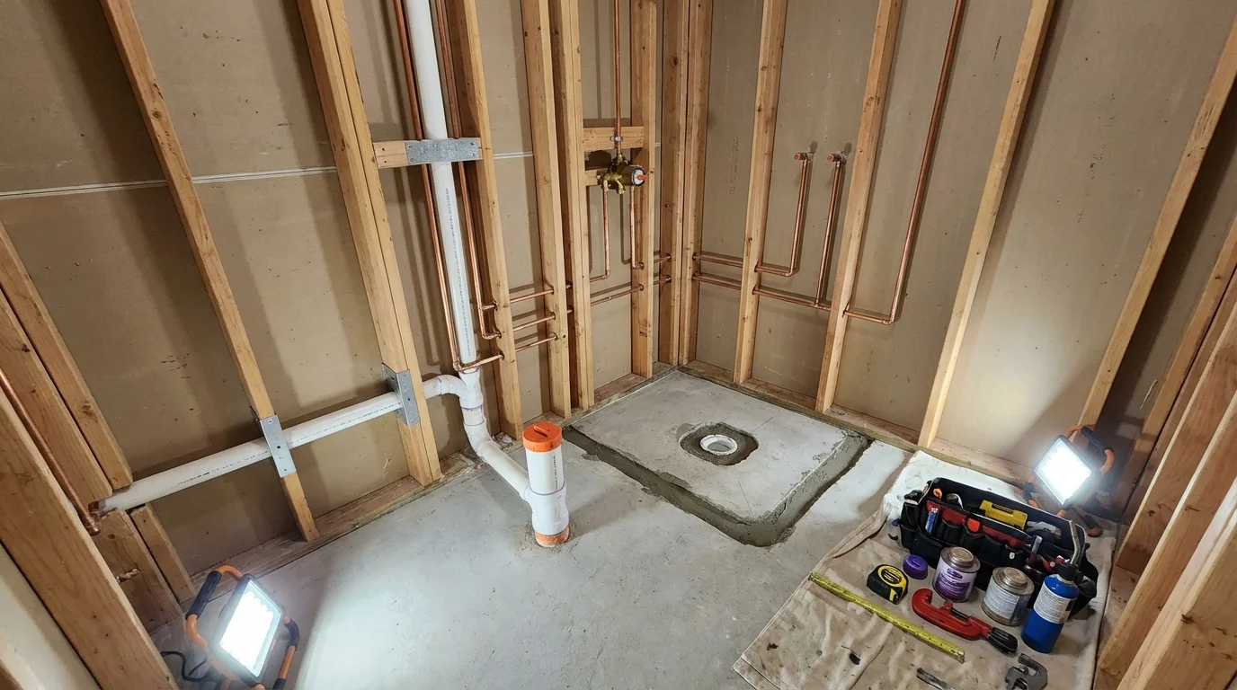 Bathroom rough-in plumbing during remodel by Johns Plumbing LLC in Englewood Cliffs