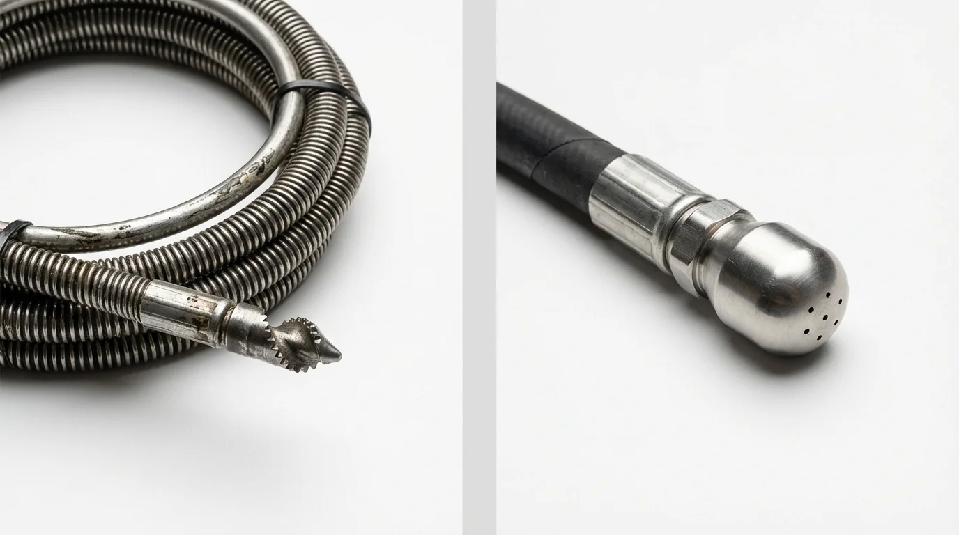 Drain snake cable and hydro jetting nozzle used for drain cleaning in Englewood Cliffs, NJ