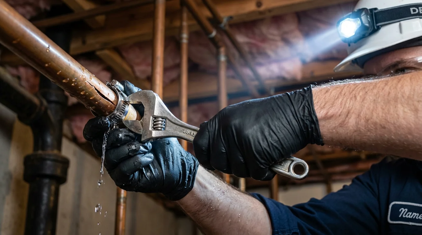 Emergency pipe clamp repair being performed by a Johns Plumbing LLC plumber in Englewood Cliffs