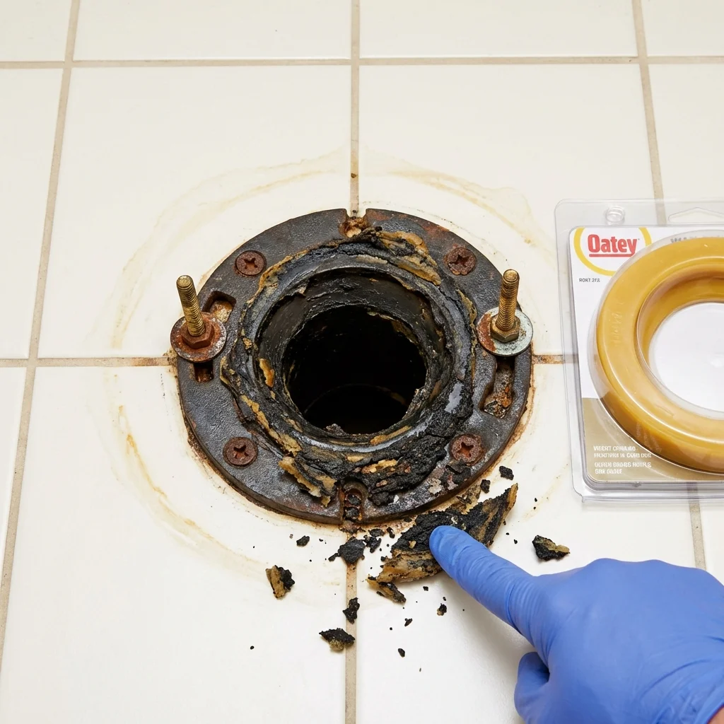Failed wax ring showing water seepage at the base of a toilet in a Englewood Cliffs, NJ home