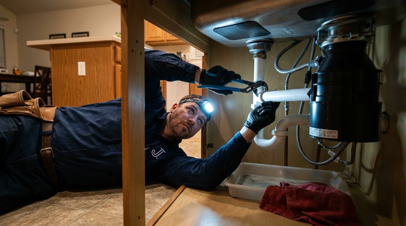 P-trap and supply line connections under a kitchen sink showing a common leak point in Englewood Cliffs, NJ